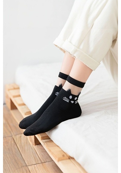 Hitit Socks Kadın 4 Çift Premium Kalite Kedili Tül Patik Çorap ASORTİ