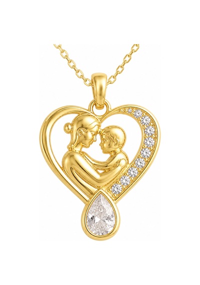 Premium Parlak Ve Şık Gold Renk Damla Taşlı Anne Ve Bebek Model Kadın 925 Ayar Gümüş Kolye 45 Cm