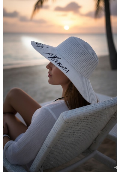 Beach Please Plaj Sahil Lütfen Motto Yazılı Yazlık Tatil Deniz Güneş Geniş Hasır Şapka Beyaz