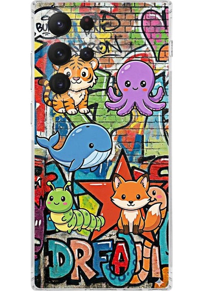 Samsung Galaxy S22 Ultra İle Uyumlu Grafiti Mini Tasarımlı Şeffaf Silikon Kılıf Şeffaf
