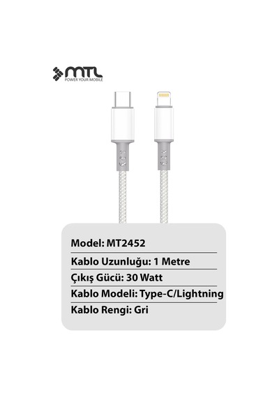 30w Pd Type-c To Apple Uyumlu iPhone Lightning Hasır Hızlı Şarj Ve Data Kablosu 1 Metre Gri Mt2452