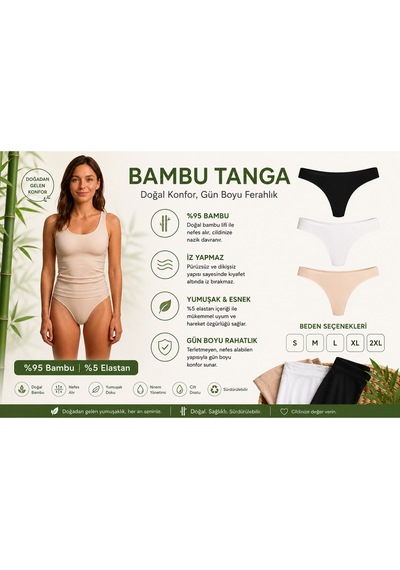 Westicgiyim Bambu Tanga Kadın String Külot İz Yapmaz Dikişsiz Siyah Beyaz Ten 3'lü Paket Çok Renkli