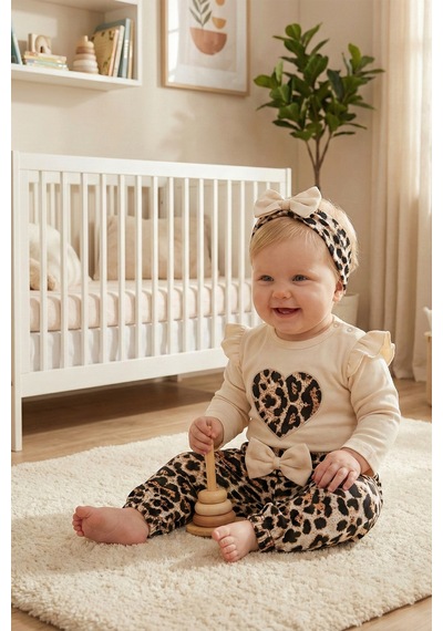Babymod Leopar Desenli 3'lü Pamuklu Kız Bebek Takım Set Bej