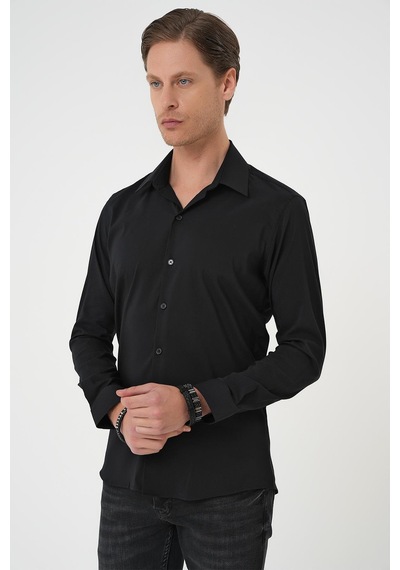 Efor Slim Fit Erkek Yaka Esnek Pamuk Klasik Beyaz Siyah Gömlek Gk 737 Siyah