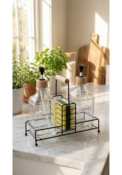 Makri Home Lüks Bambu Kulplu Siyah Metal Stantlı İkili Cam Sıvı Sabunluk 500 Ml, 23x9x23,5 Cm