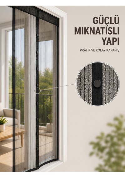 Otomatik Kapanan Mıknatıslı Sineklik Kapı Filesi Pratik Geçişli Siyah Model Diğer