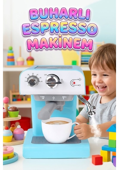 Pilli Işıklı Sesli Mutfak Oyuncağı Gerçekçi Buhar Özellikli Eğitici Espresso Makinesi