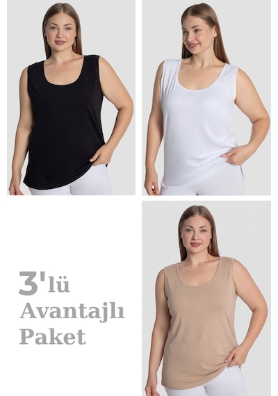 Arma Yıldız Kadın Pamuklu Büyük Beden Kalın Askılı Atlet 3'lü Paket Bej Siyah Beyaz