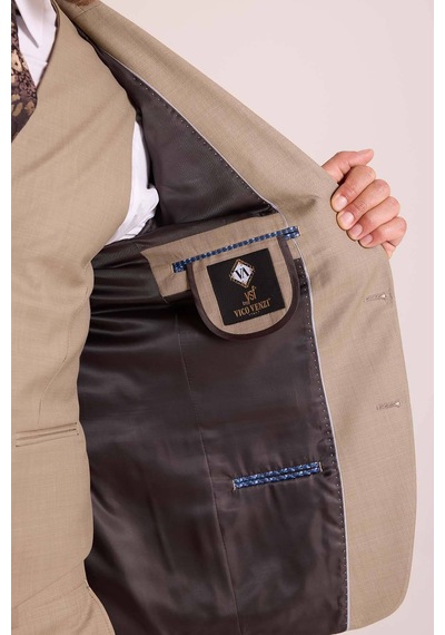 Ysf Erkek Bej Slim Fit Sivri Yaka Yelekli Takım Elbise Bej