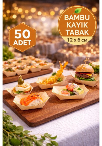 50'li Pkt Mini Bambu Kayık Tadım Tabağı 12x6 Cm Kokteyl Sunum Tabağı Catering Parti Servis Tabak