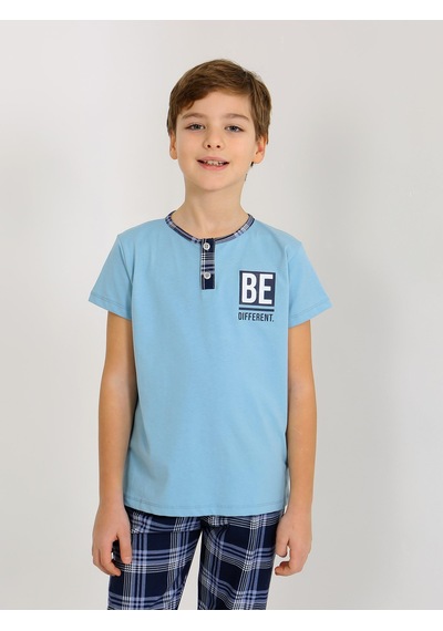 Vitmo Erkek Çocuk Kısa Kollu Düğme Detaylı %100 Pamuklu Pijama Takımı Be Mavi
