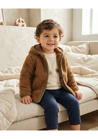 Tuffy Erkek Bebek Krem Kapüşonlu Kuzu Polar Hırka Kahverengi