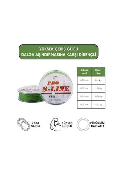 İp Örgü Misina - 4 Kat - Pro S-line - 100mt - 0.25mm - 11,35kg Çeker