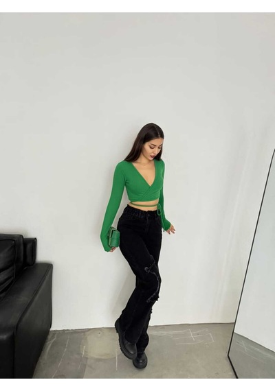 Shevega Kadın Siyah Bacak Yildizli Bol Paça Kot Jeans Pantolon Siyah