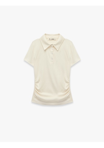 Koton Modal Kumaş Düğmeli Kısa Kollu Drapeli Polo Yaka Tişört Ekru 7wal10186ık