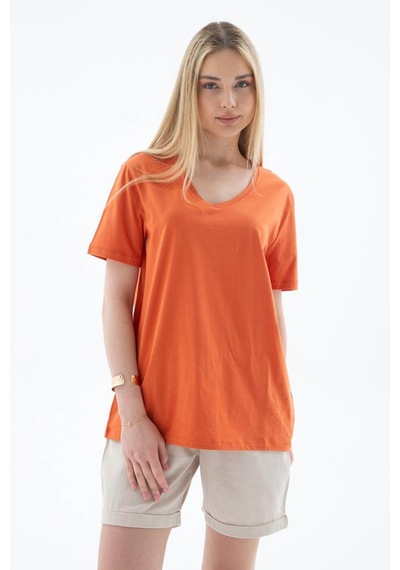 Fashion Friends V Yaka %100 Pamuklu Turuncu Kadın T-shirt 25y0248k1 Turuncu