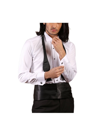 Dicotto Beyaz Siyah Taş Düğmeli Damatlık Ata Yaka Kol Düğmeli Slim Fit Smokin Gömlek - 006 001