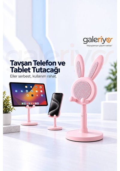 Galeriyo Tavşan Tasarımlı Telefon Ve Tablet Tutacağı Pembe