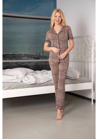 Siyah İnci Kadın Kısa Kollu Pamuklu Düğmeli Biyeli Pijama Takım Leopar