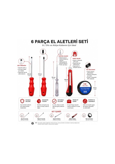 7 Parça El Aleti Seti 2 Düz Tornavida 2 Yıldız Tornavida Kontrol Kalemi Maket Bıçağı Pvc İzole Bant Dayanıklı Ergonomik Ev Atölye Tamirhane Bakım Onarım Elektrik Montaj Çözümü