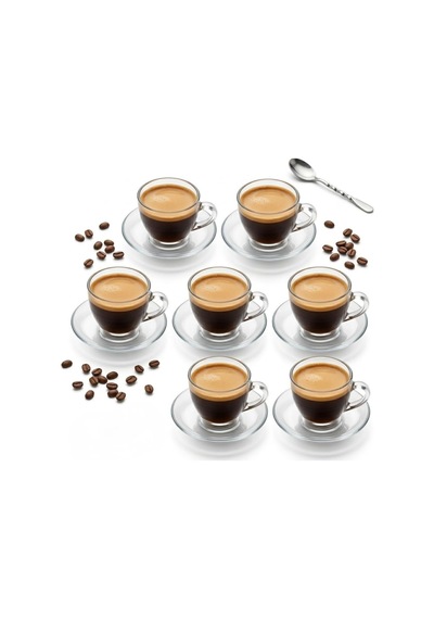 Lexroo 6 Lı Cam Kahve Fincanı Seti, Şeffaf Tasarım Tabaklı Espresso Türk Kahvesi Sunum Fincan Takımı