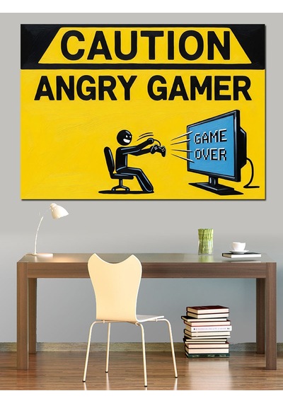 Sinirli Oyuncu Gamer Uyarı Levhası Dekoratif Kanvas - Mdf Ahşap Tablo