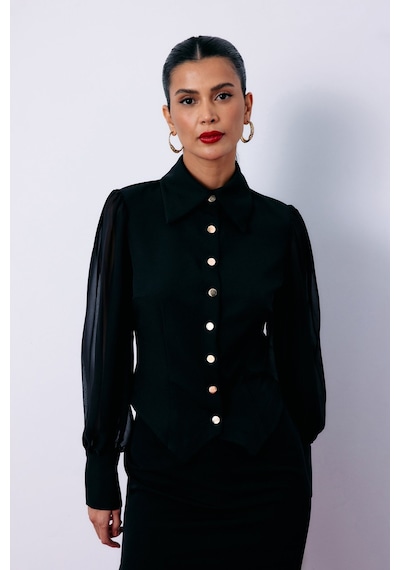 Sateen Şifon Kol Gömlek - Siyah-135200 Siyah