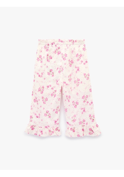 Koton Pamuklu Fırfırlı Brodeli Çiçek Desenli Geniş Paça Pantolon Pembe Desenli 6smg40024aw