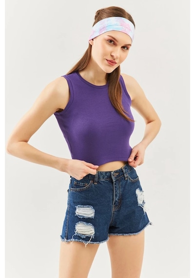 Butikgiz Kadın Sıfır Kol Bisiklet Yaka Vücuda Oturan %100 Pamuklu Kaşkorse Esnek Crop Bluz Mor