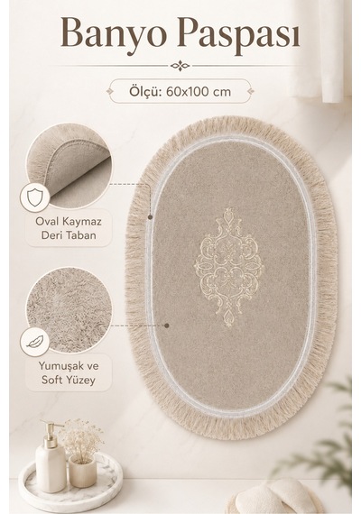 Vizon Dantelli Kaymaz Deri Tabanlı Oval Banyo Paspası Püsküllü Yıkanabilir Banyo Takımı Simela pudra