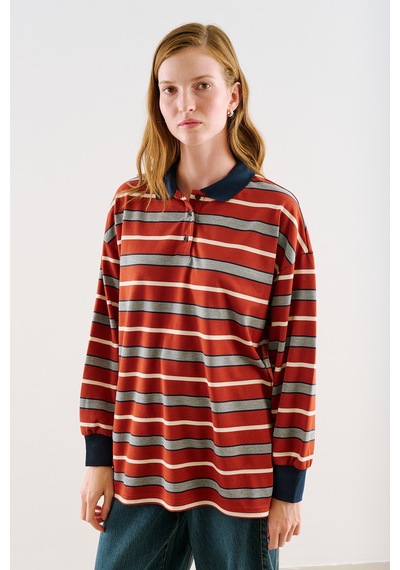 Manuka Polo Yaka Çizgili Sweatshırt Kiremit Aw26tsh00004-0139