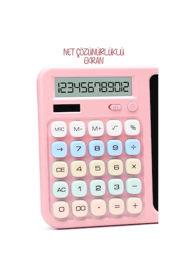 Lcd Ekran Yazı Tahtalı Hesap Makinesi 12 Haneli Tabletli Hesap Makinesi Pastel Pembe