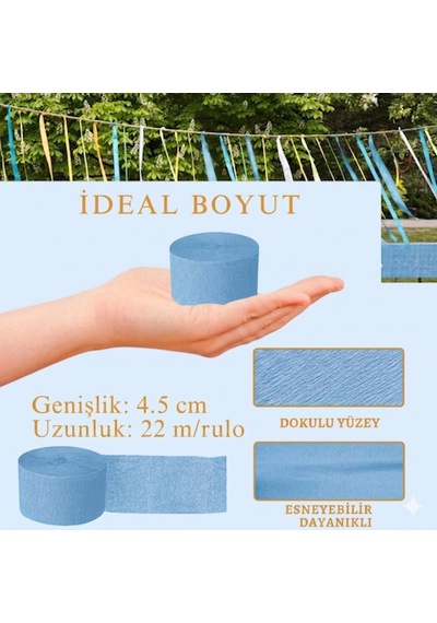 Gök Mavi Şerit Krapon Kağıdı Rulosu, Çiçek Yapım, El İşi Süsleme Kağıdı, 6 Adet, 4.5 Cm X 22 Metre