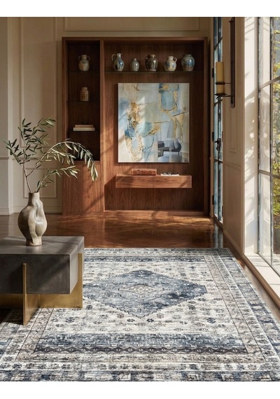 Eskitme Geometrik Madalyon Desenli Lacivert Ve Krem Etnik Halı - Ar859nc Krem - Lacivert