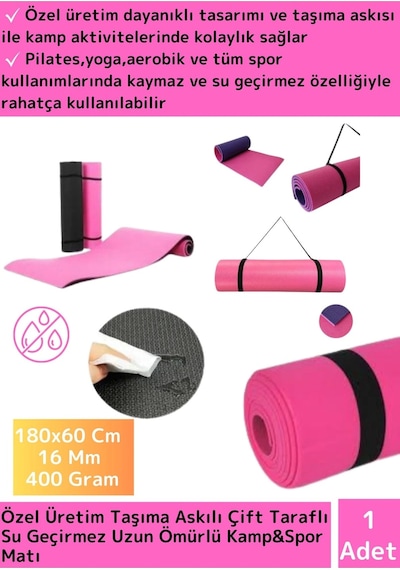 Premium Seri Çift Taraflı Su Geçirmez Taşıma Askılı Kamp Uyku Matı Minder Yoga Pilates Pembe Kalın Çok Renkli