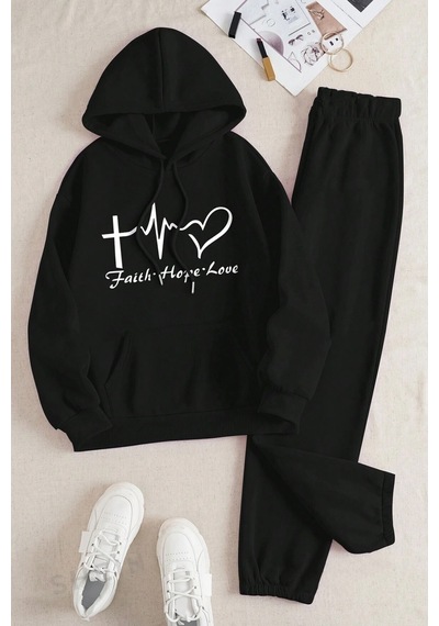 Only Trend Wear Nabız Kalp Baskılı Eşofman Takımı Siyah