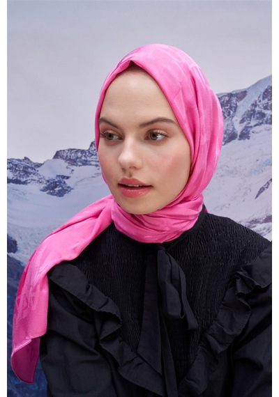Carell Yazı Desen Jakar İtalyan İpekli Şal Koyu Pembe Çok Renkli