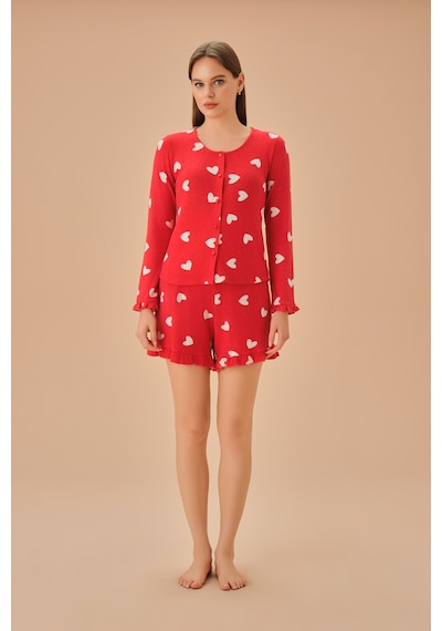 Suwen Sweety Maskülen Şort Takımı Sh25195667b95 Kırmızı Baskılı Kırmızı