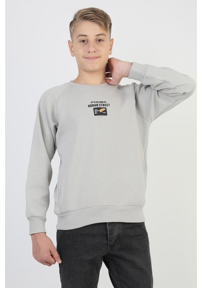 Kanguru Cepli Baskılı Detaylı Erkek Çocuk Sweatshirt-90881 Gri