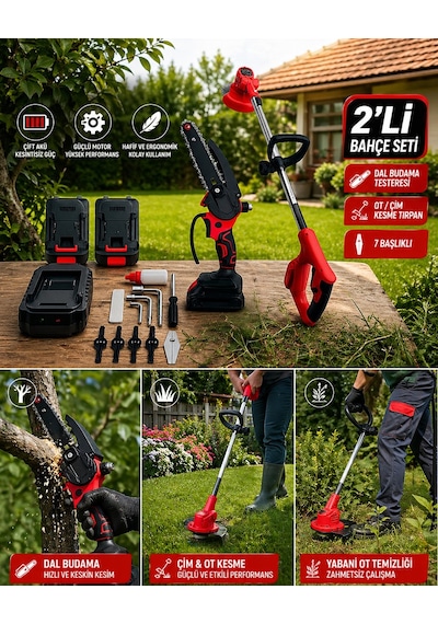 Haktaş Hkt1060 2li Bahçe Seti Çift Akülü - Şarjlı Tırpan + Dal Budama Testere 15cm