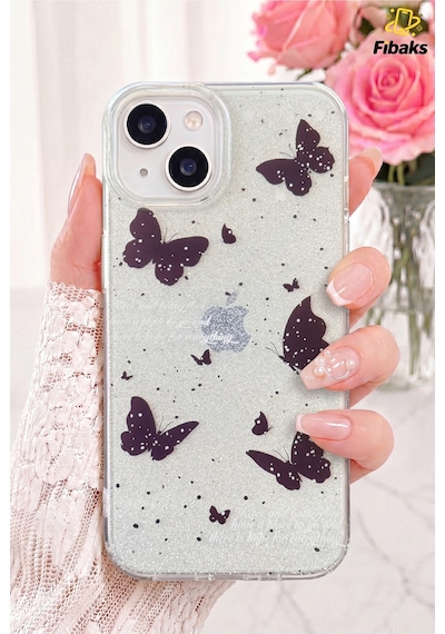 Fibaks iPhone 14 Plus/15 Plus Uyumlu Kılıf Simli Siyah Kelebek Desenli Renkli Parlak Darbe Emici