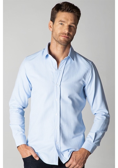 Tudors Modern Slim Fit Uzun Kollu Pamuklu Kolay Ütü Armürlü Erkek Mavi Gömlek-25522 Mavi
