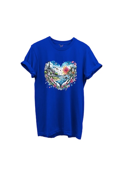 Kalp Şehir Manzaralı Renkli Baskılı %100 Pamuk Regular Fit Unisex T-shirt Mavi