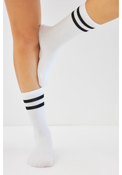 Bamboo Star Bambu Tenis Çizgili Premium Kolej Çorabı Unisex Beyaz Dikişsiz Soket Çorap 3'lü Paket