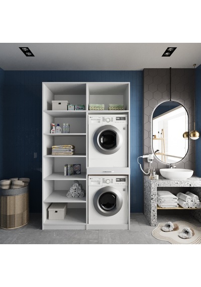 Modena Çamaşır Ve Kurutma Makinesi Dolabı Banyo Dolabı Beyaz Beyaz