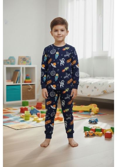 Bunny Hopp Uzay Temalı Erkek Çocuk Pijama Takımı %100 Pamuk Mevsimlik Bisiklet Yaka Manşetli Koyu Lacivert Bunny Hopp Uzay Temalı Erkek Çocuk Pijama Takımı %100 Pamuk Mevsimlik Bisiklet Yaka Manşetli Koyu Lacivert