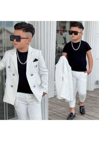 Modavals 4 Parça Çizgili Ceketli Erkek Çocuk Takım Elbise Beyaz