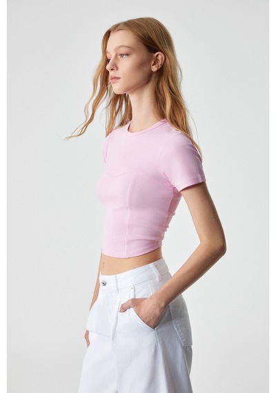 ETHIQUET CERAEN Kadın Slim Kısa Kol Bisiklet Yaka Pembe T-Shirt