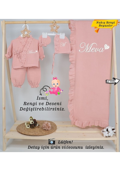 Gros Shop 4 Katlı Müslin 5'li Kimono Bağcıklı Tulum %100pamuk Hastane Çıkış Pembe