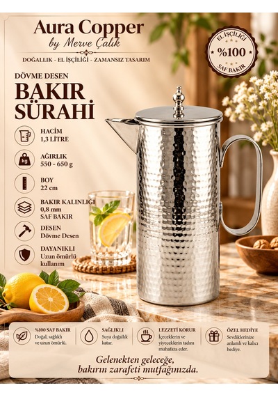 Kapaklı İçi Kalaylı Dövme Bakır Sürahi 0,8 Mm 1300 Ml